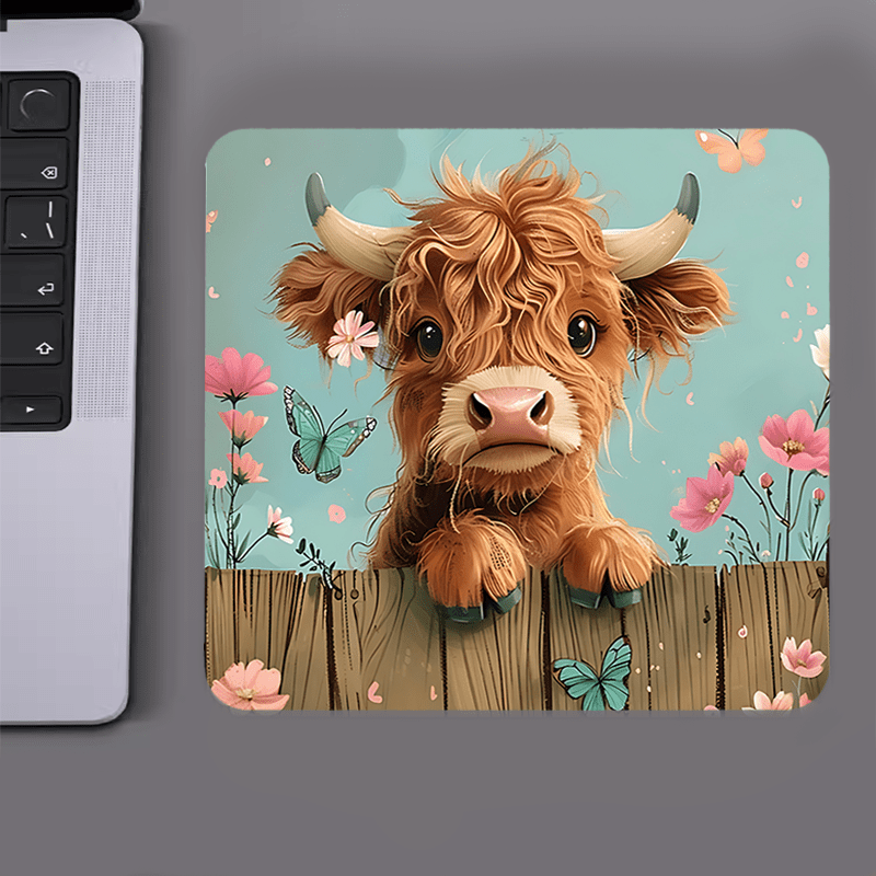 Cow Mat Rubber - แผ่นรองเมาส์ลายวัวไฮแลนด์น่ารัก ลายดอกไม้ ผีเสื้อ ดีไซน์กันลื่น สำหรับใช้ในบ้านและออฟฟิศ ขนาด