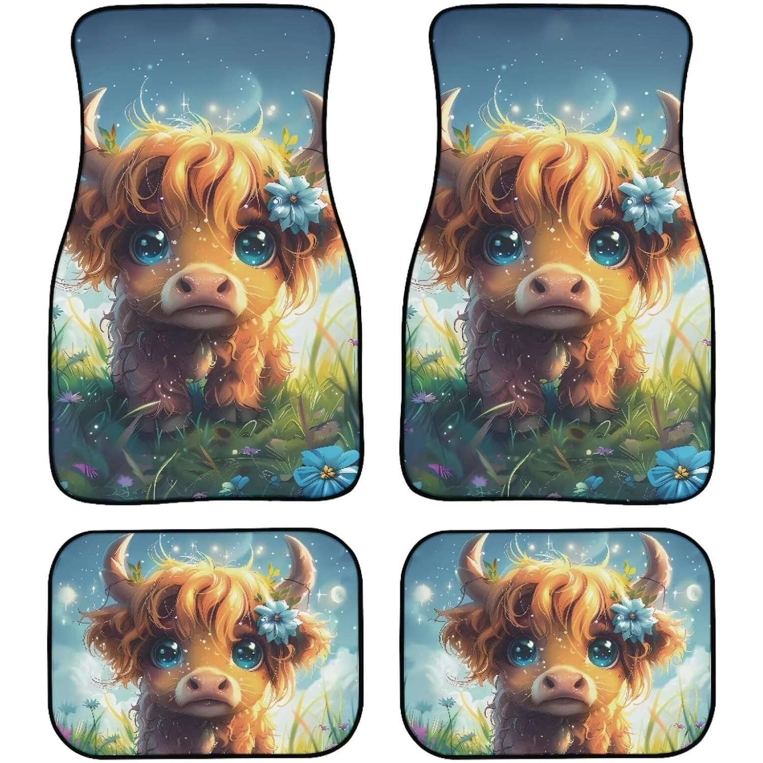 Cow Mat Rubber - พรมปูพื้นรถยนต์ลายวัวไฮแลนด์น่ารัก ชุดพรมยางทนทาน 4 ชิ้น เหมาะสำหรับรถบรรทุก รถตู้
